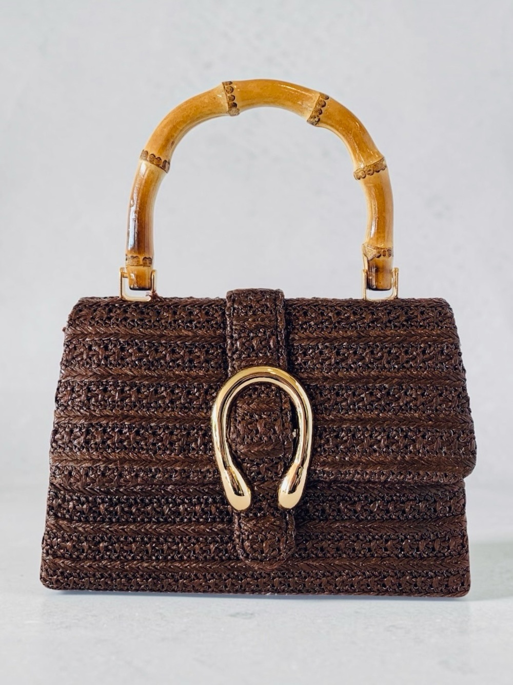 NEW Tommy Bahama Woven Raffia Bamboo Handle Mini Bag Gold-tone Horseshoe Bit NWT